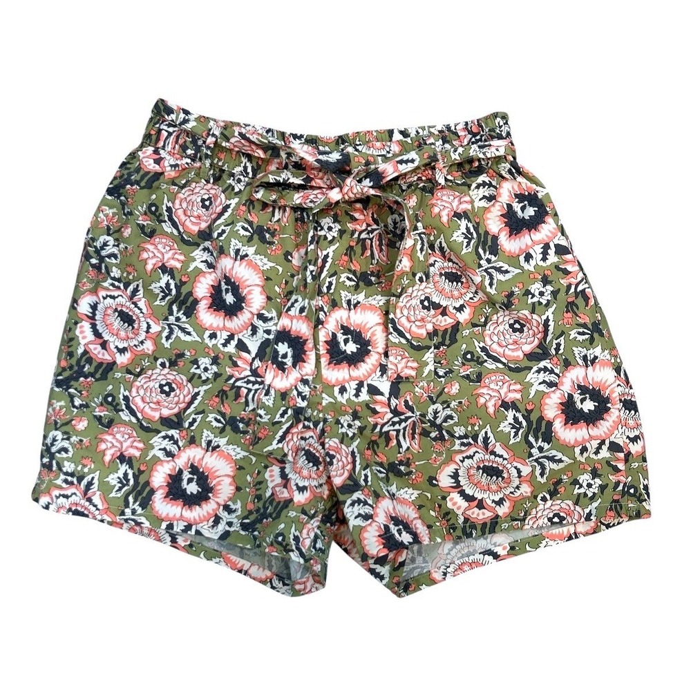 Anthropologie Sundays Olive Green Floral Cotton Tie Waist Shorts XS Boho Pocket